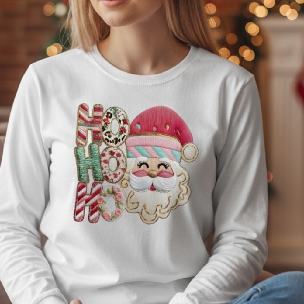 Ho Ho Ho" Faux Embroidery T-shirt Long sleeve S M L XL XXL Custom made New White